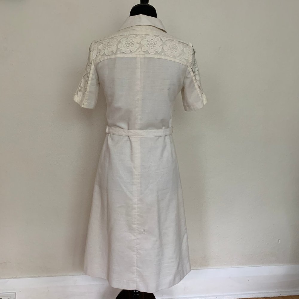 Vintage 70s linen and lace day dress sz S - Picture 4 of 6